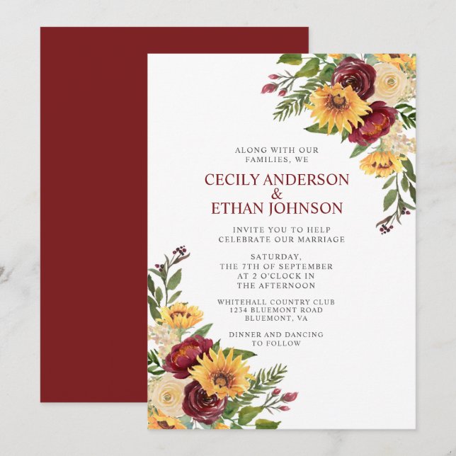 Invitación Boda de girasoles amarillos con flores rusas de bo (Anverso / Reverso)