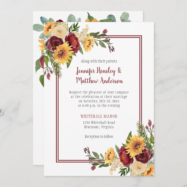 Invitación Boda de girasoles amarillos con flores rusas de bo (Anverso / Reverso)