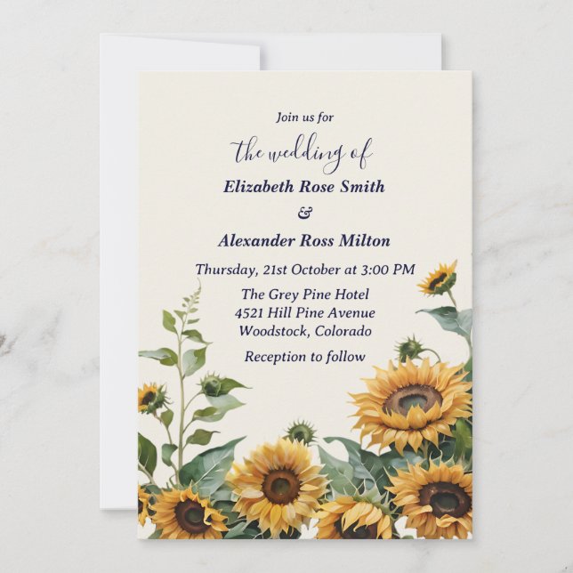 Invitación boda de girasoles amarillos y elegantes de bonito (Anverso)