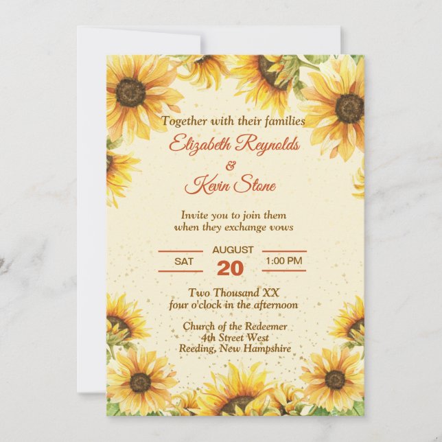Invitación Boda de girasoles amarillos y marrones rústicos (Anverso)