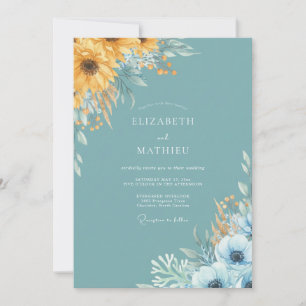 Invitación Boda de girasoles botánicos de girasol azul turque