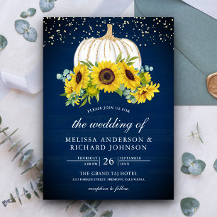 Invitación Boda de Girasoles Calabaza Blanca Madera Azul Mari