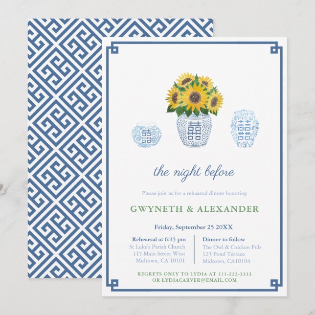 Invitación Boda de girasoles clásicos ensayo y cena (Anverso / Reverso)