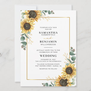 Invitación Boda de girasoles con acuarela de eucalipto