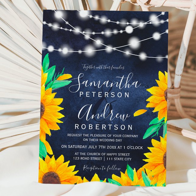 Invitación Boda de girasoles con luces de cuerda azul de la a (Subido por el creador)