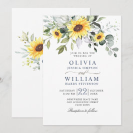 Invitación Boda de girasoles de acuarela elegante con eucalip