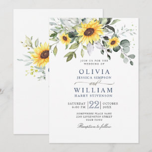 Invitación Boda de girasoles de acuarela elegante con eucalip