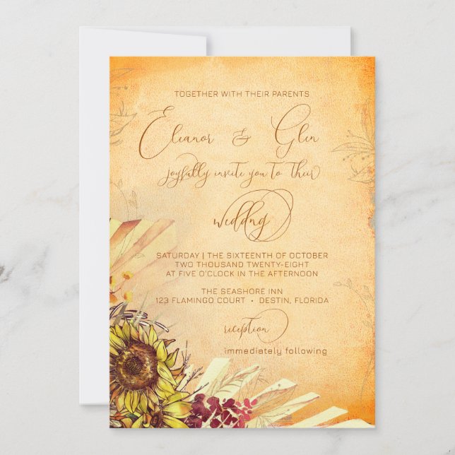 Invitación Boda de girasoles de Bohemia rusa (Anverso)