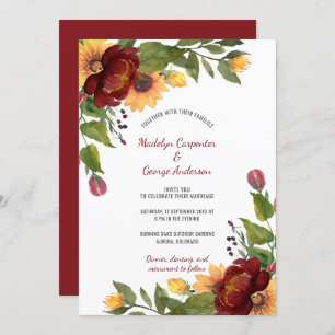 Invitación Boda de girasoles de borgoña y amarilla  