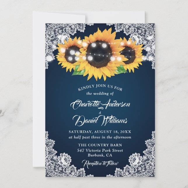 Invitación Boda de girasoles de encaje de arpillera azul mari (Anverso)
