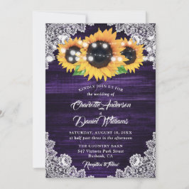 Invitación Boda de girasoles de encaje floral de madera púrpu