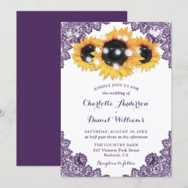 Invitación Boda de Girasoles de Encaje Púrpura Rústico Chic