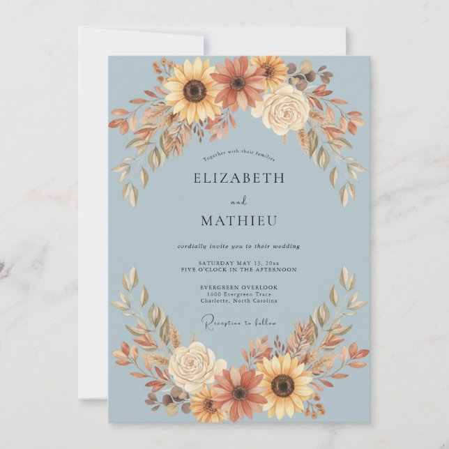 Invitación Boda de girasoles de eucalipto azul acero (Anverso)