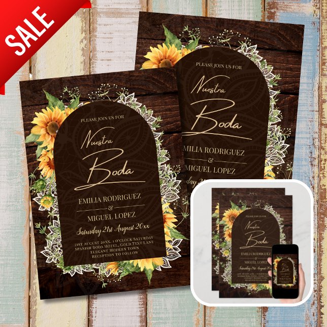 Invitación Boda de Girasoles de Madera Rústica Bilingüe (Subido por el creador)