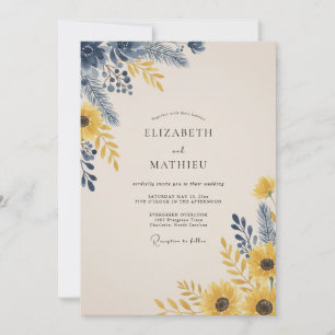 Invitación Boda de girasoles de mostaza naval y eucalipto