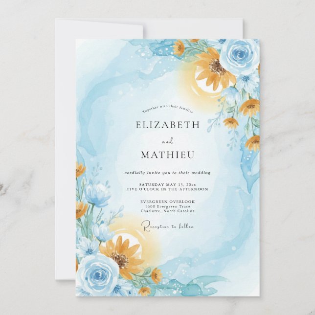 Invitación Boda de girasoles eucaliptos ámbar azul (Anverso)