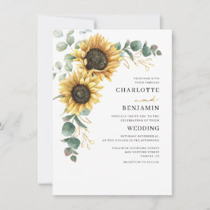 Invitación Boda de girasoles florales con acuarela y eucalipt