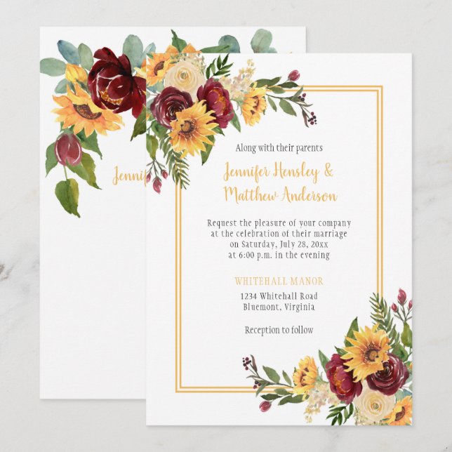 Invitación Boda de girasoles rusos y borgoñas Rosas (Anverso / Reverso)