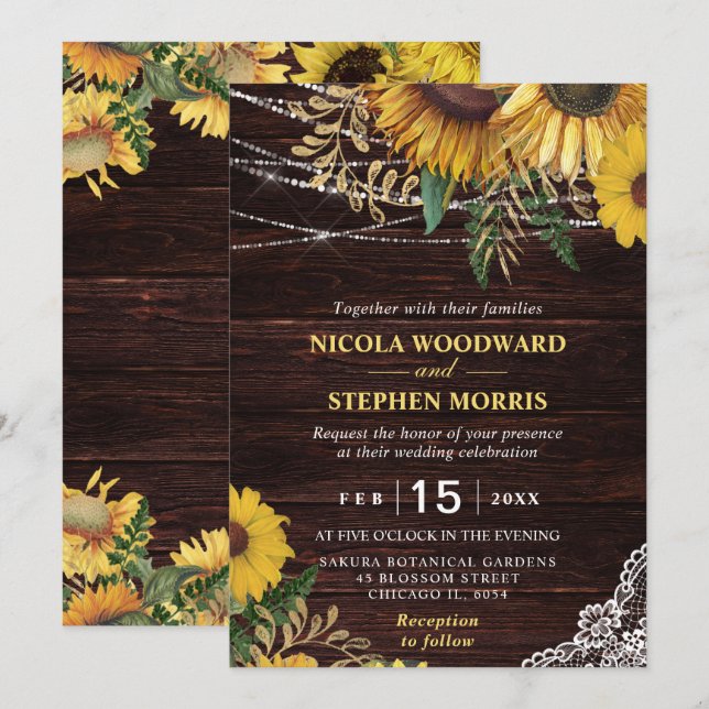 Invitación Boda de girasoles rústicos y luces de cuerda (Anverso / Reverso)