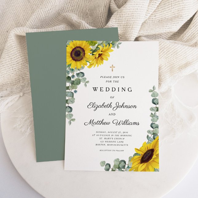Invitación Boda de girasoles verde salvia religioso (Religious Sage Green Sunflower Wedding Invitation)