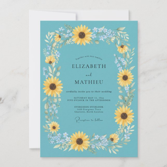 Invitación Boda de Girasoles Vibrantes Turquesa (Anverso)