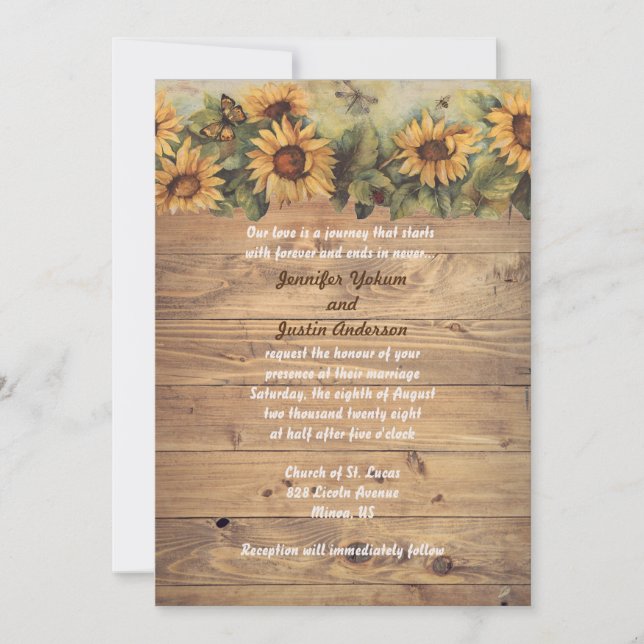 Invitación Boda de girasoles y mariposas campestres  (Anverso)