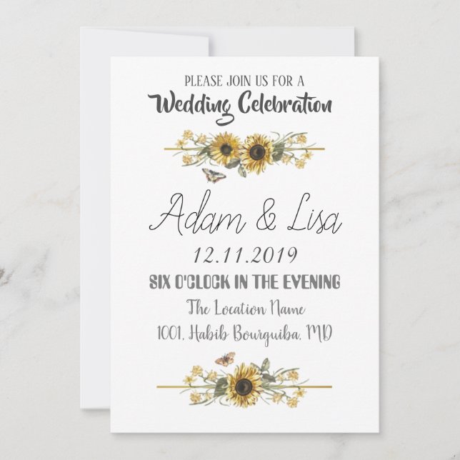 Invitación Boda de girasoles y mariposas rústicas y elegantes (Anverso)