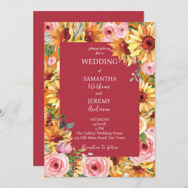 Invitación Boda de girasoles y rosas rosadas (Anverso / Reverso)