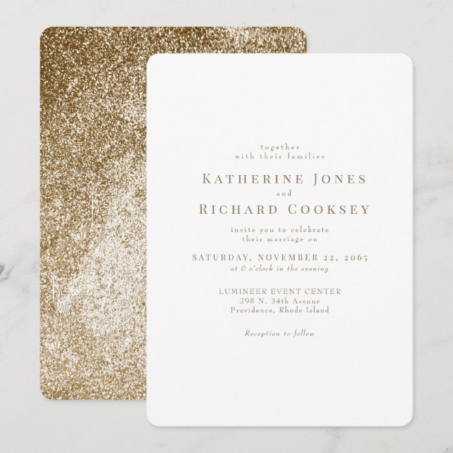 Invitación Boda de Glam blanco y dorado moderno (Anverso / Reverso)