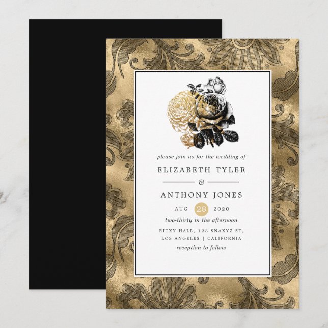 Invitación Boda de Glam Negro y Oro (Anverso / Reverso)