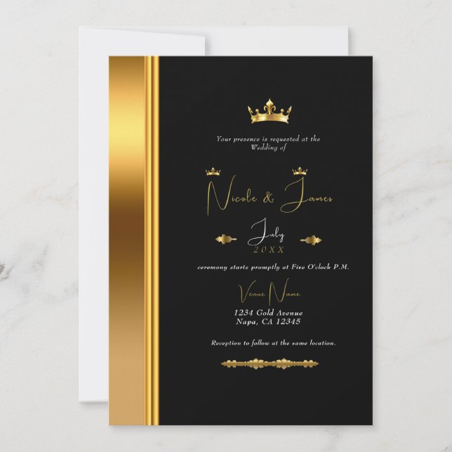 Invitación Boda de Glam Real Elegante de Oro y Negro (Anverso)