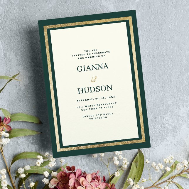 Invitación boda de glam verde del bosque de oro de marfil min (Minimalist ivory gold forest green glam wedding)