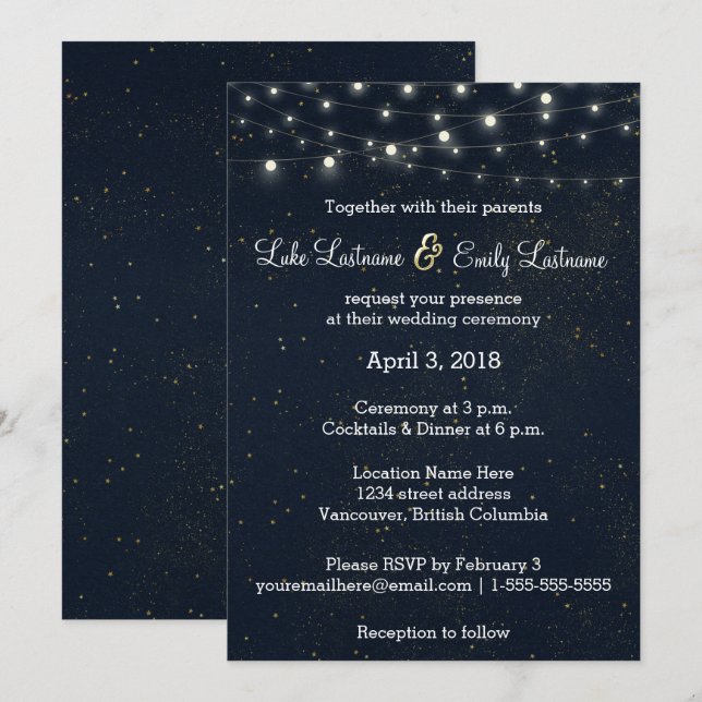 Invitación Boda de glamour de medianoche (Anverso / Reverso)