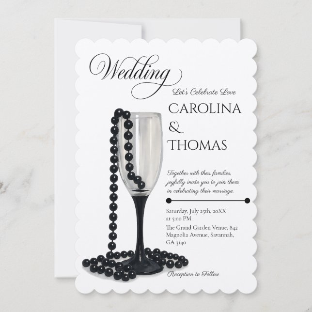 Invitación Boda de Glass Black & White Pearl Champagne (Anverso)