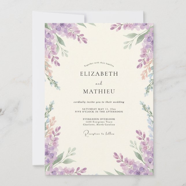 Invitación Boda de glicina lavanda polvorienta (Anverso)