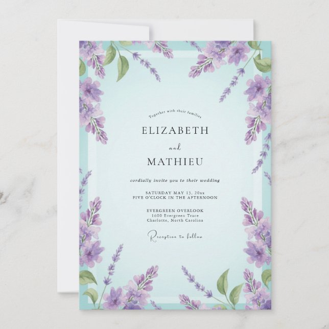 Invitación Boda de glicina lila acuática (Anverso)