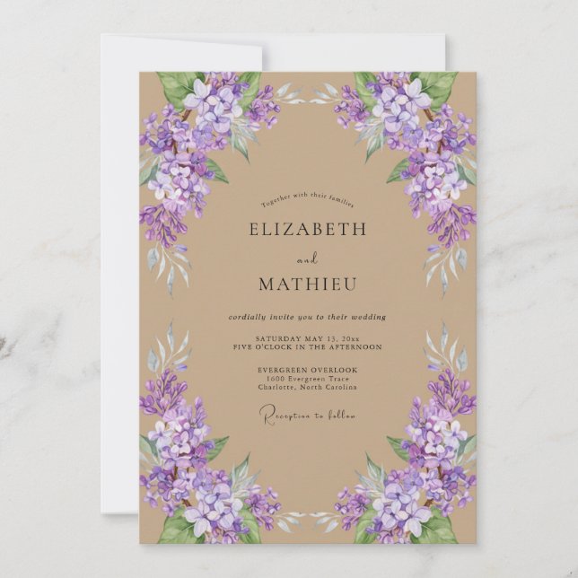 Invitación Boda de glicina lila bronceada (Anverso)