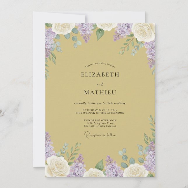 Invitación Boda de glicina lila dorada (Anverso)