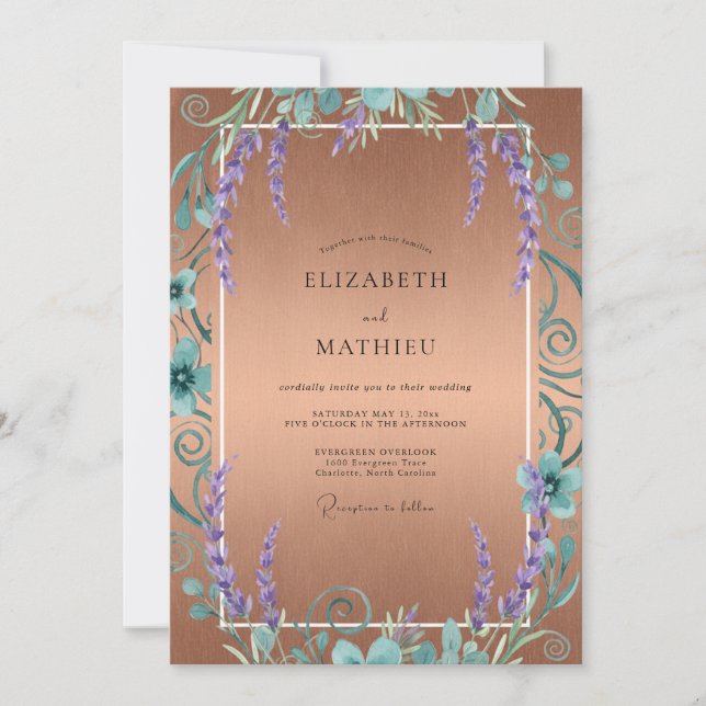 Invitación Boda de glicina morada de cobre (Anverso)