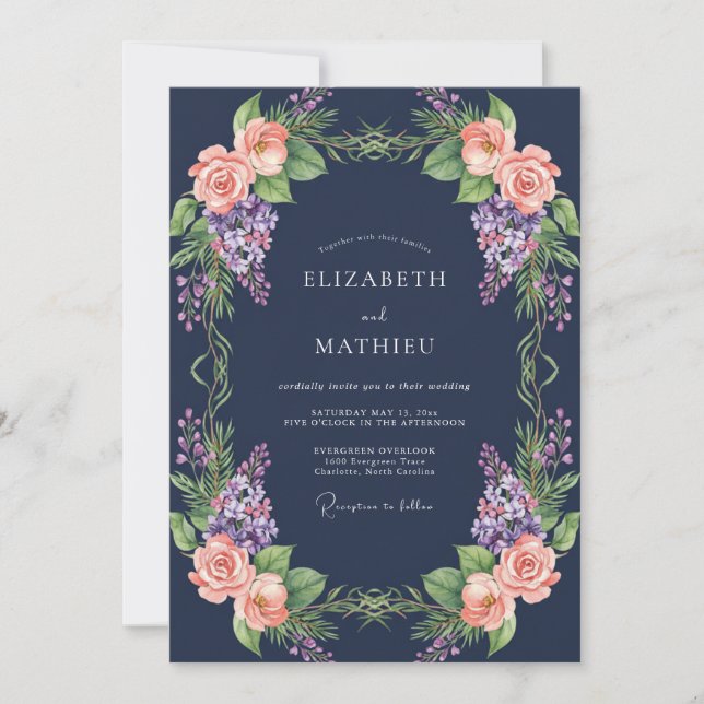 Invitación Boda de glicina morada de medianoche (Anverso)