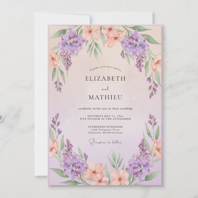 Invitación Boda de glicina violeta melocotón (Anverso)
