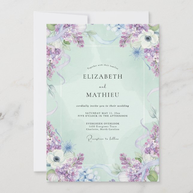 Invitación Boda de glicina violeta menta (Anverso)