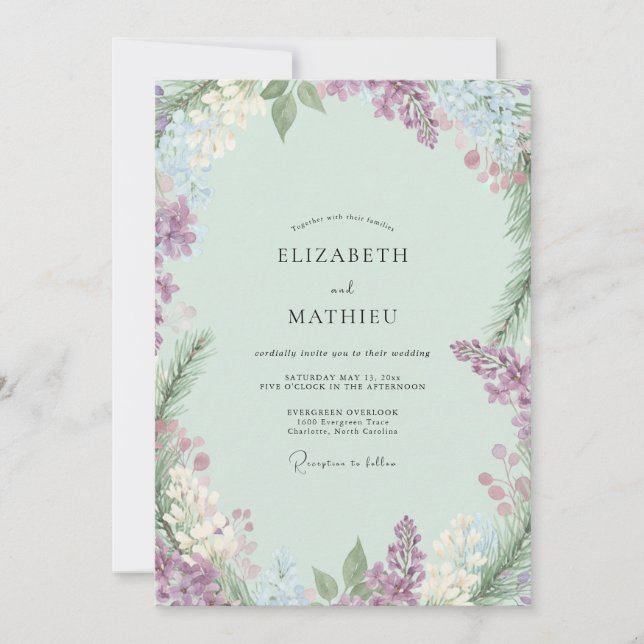 Invitación Boda de glicina y vincapervinca menta (Anverso)