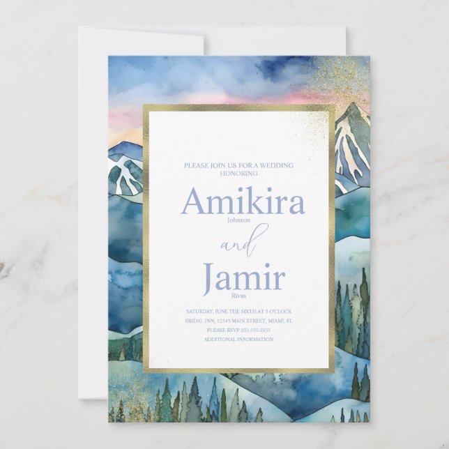 Invitación Boda de Glitter de Acuarela Soñadora de Montaña (Anverso)