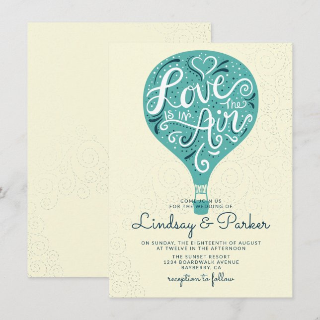 Invitación Boda de globo de aire caliente Verde azulado con a (Anverso / Reverso)