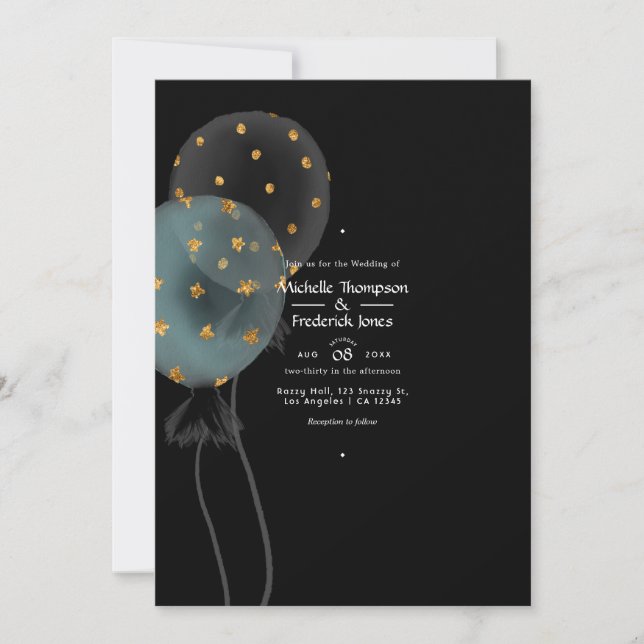 Invitación Boda de globos Purpurina negro y dorado (Anverso)