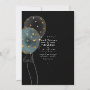 Invitación Boda de globos Purpurina negro y dorado