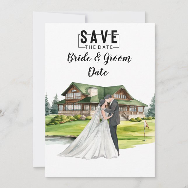 Invitación Boda de golf con novia y novio en la casa club (Anverso)