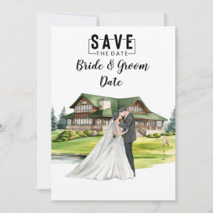 Invitación Boda de golf con novia y novio en la casa club
