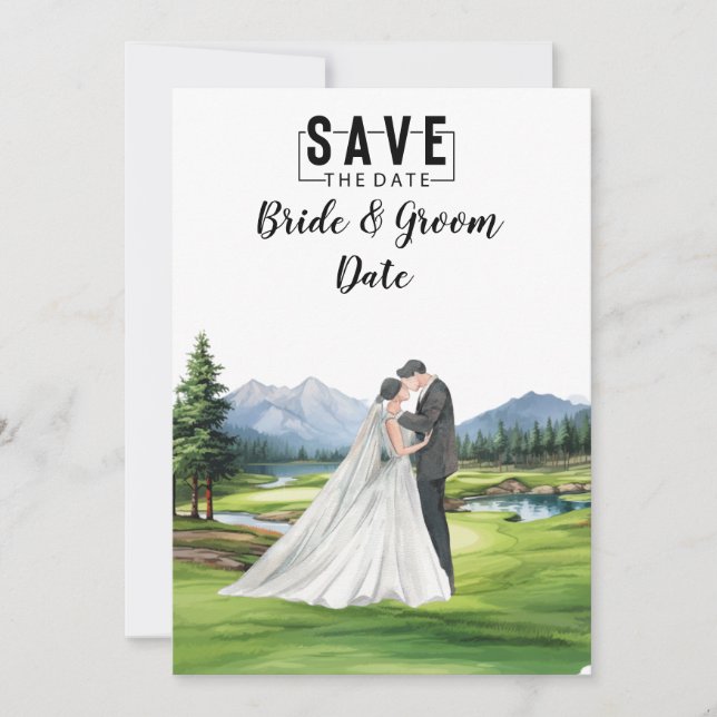 Invitación Boda de golf con novia y novio en la casa club (Anverso)